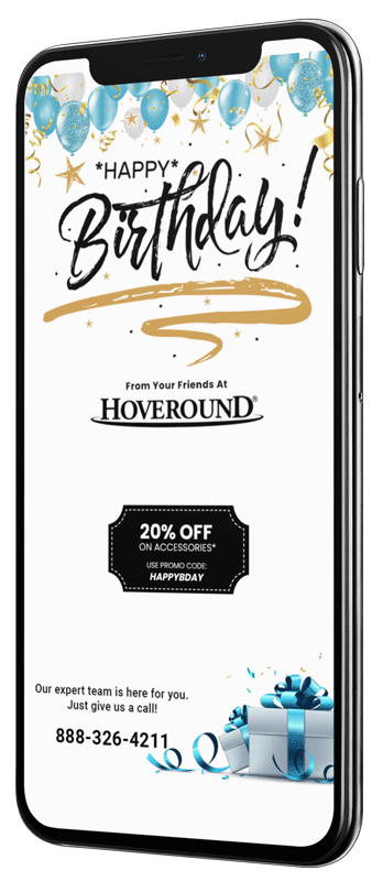 phone with happy birthday from your friends at hoverround 20% off on screen
